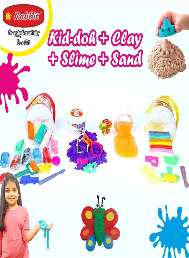 Rabbit Modelling Clay 8 Colors + Dough Bucket + Neon Slime 100g + Play Sand 100g Combo of 4 | Activity Set for Kids | Clay Slime Dough with Moulds, Roller & Cutter | Age 3+ - Image 3
